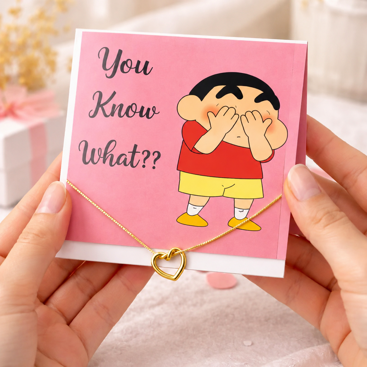 Shinchan Heart Necklace Gift Set | Gold Heart Pendant with Cute Greeting Card | Perfect Gift for Girlfriend