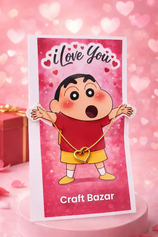 Shinchan Heart Necklace Gift Set | Gold Heart Pendant with Cute Greeting Card | Perfect Gift for Girlfriend