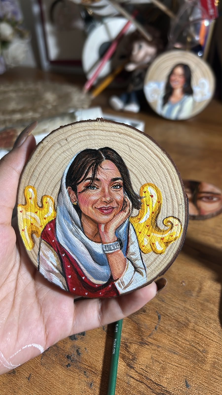 Custom Hand-Painted Portrait on Wood Slice